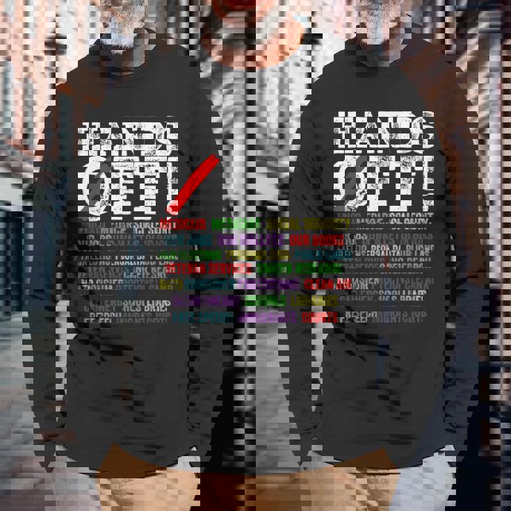 ハンズオフ抗議 社会保障とメディケア抗議 長袖Tシャツ 高齢者への贈り物