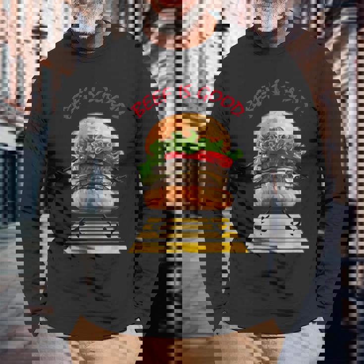 ハンバーガー 横断歩道 長袖Tシャツ 高齢者への贈り物