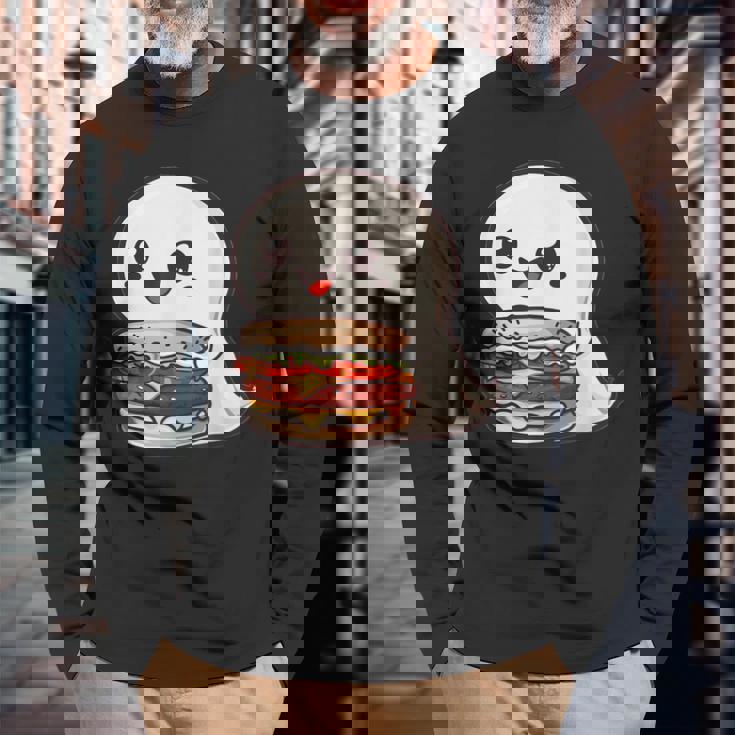 ハンバーガーとかわいいおばけ 長袖Tシャツ 高齢者への贈り物