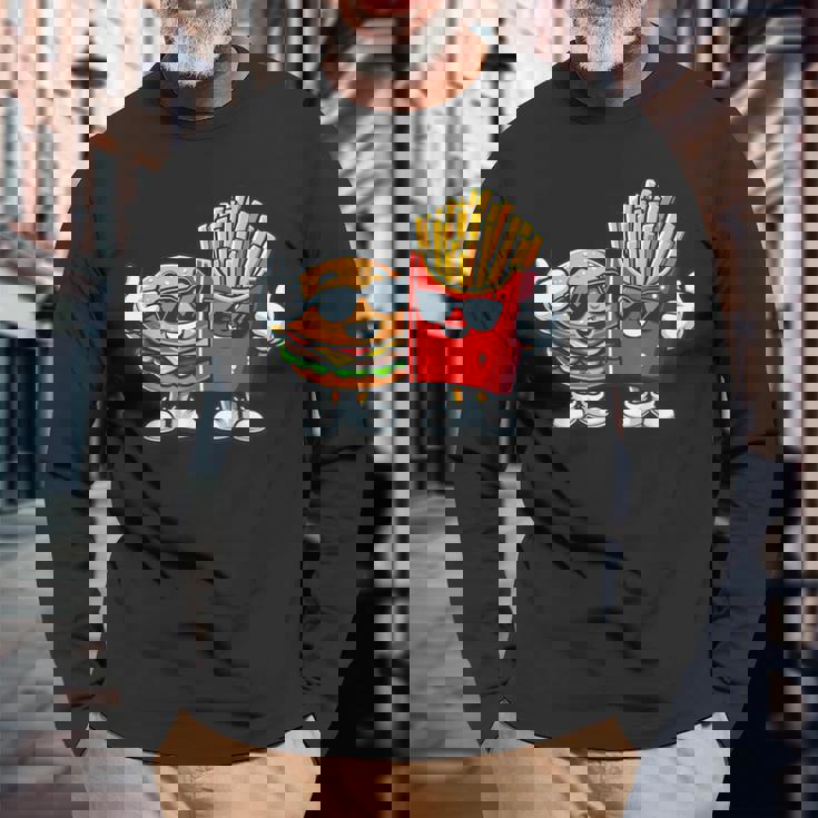 ハンバーガーフライドポテトファーストフード愛好家アート 面白いユーモアコンボプリント 長袖Tシャツ 高齢者への贈り物