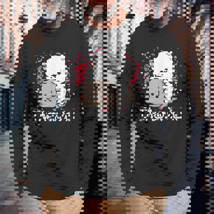 ハート バレンタイン ピーチゴマ 猫 カップル I Meow You 長袖Tシャツ 高齢者への贈り物