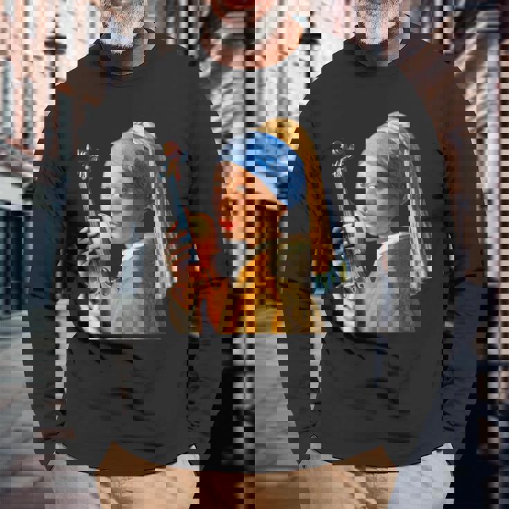 バイオリン 楽器 面白いtシャツ フェルメール かわいい メンズ 子供 おもしろ 服 グッズ ネタ 音楽 長袖Tシャツ 高齢者への贈り物