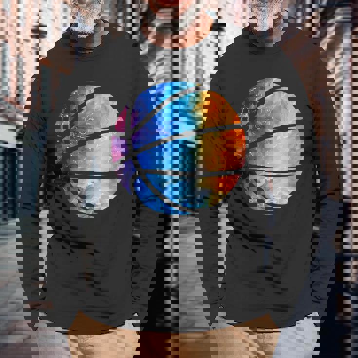 バスケットボールのシルエットカラフルな水彩画 長袖Tシャツ 高齢者への贈り物