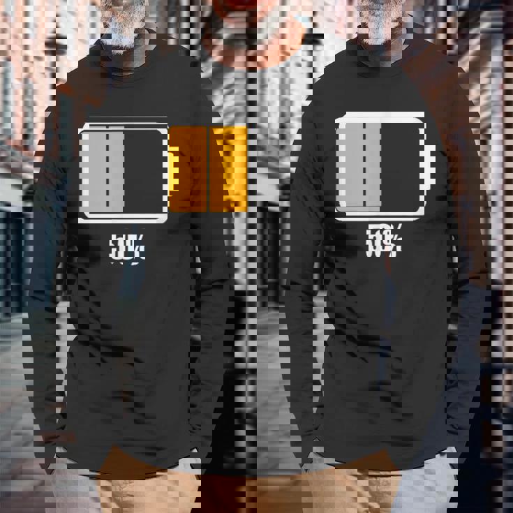 バッテリーハーフ残量50 バッテリーデッドtシャツ バッテリー残量が少ない 長袖Tシャツ 高齢者への贈り物
