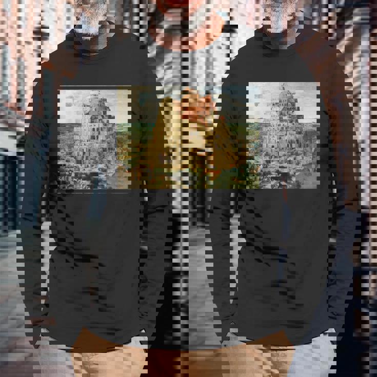 バベルの塔／ピーテル・ブリューゲル【世界の名画】（高精細画質） 美術館アート 長袖Tシャツ 高齢者への贈り物