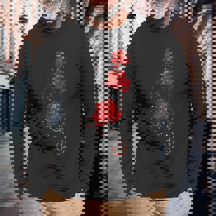 バレンタインデー ギフト シャツ 赤バラ とげ付き 葉っぱ 長袖Tシャツ 高齢者への贈り物