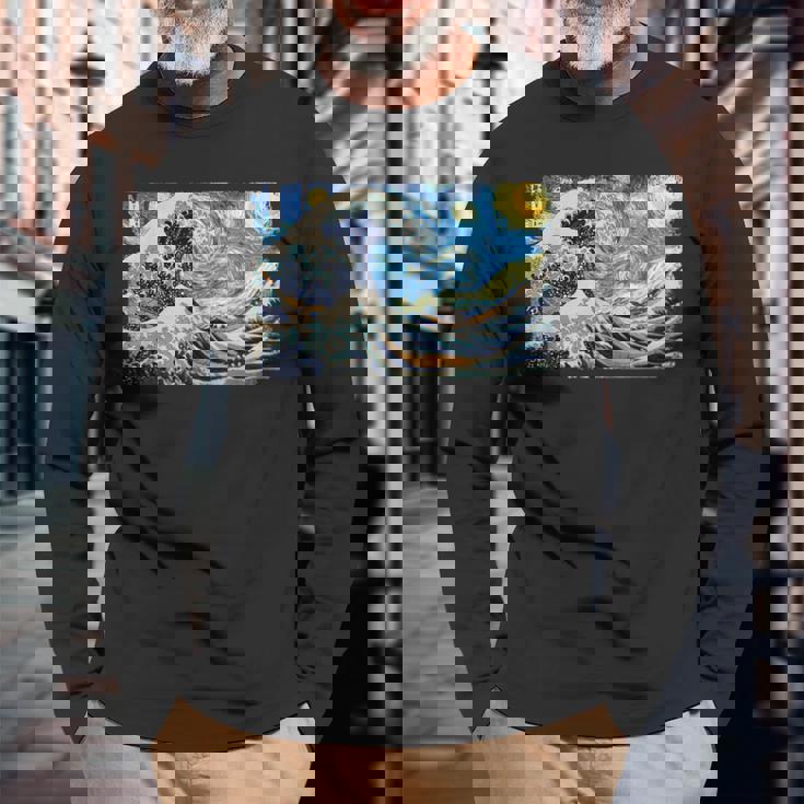 バンゴッホの星空と北斎の富嶽三十六景波絵の融合 長袖Tシャツ 高齢者への贈り物