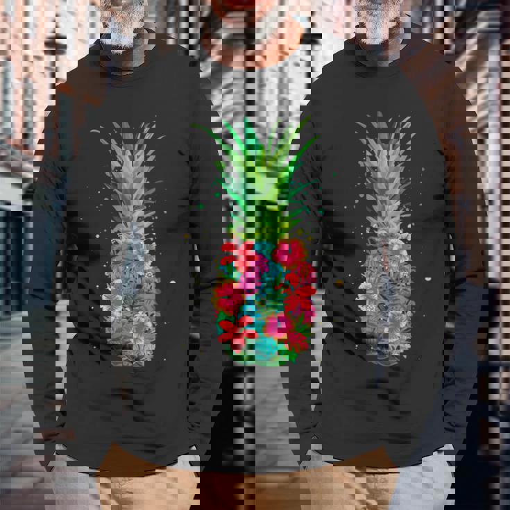 パイナップルフラワー レディース メンズ アロハ ハワイ ヴィンテージ ハワイアン 長袖Tシャツ 高齢者への贈り物