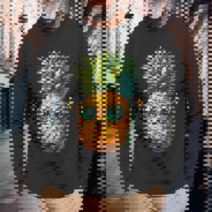 パイナップル柄 フルーツタリアン トロピカルパイナップル フルーツファン 長袖Tシャツ 高齢者への贈り物