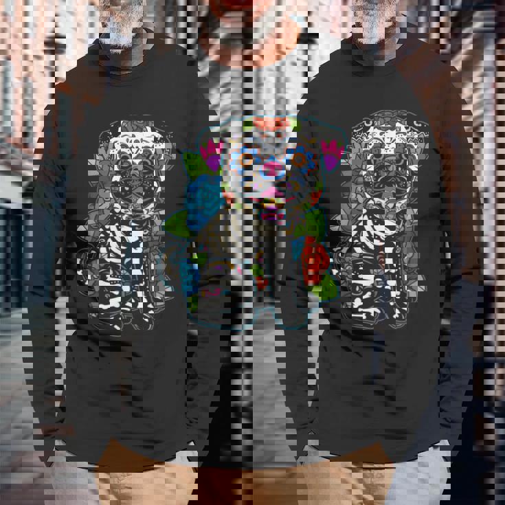 パグ シュガースカル メキシコ 犬 カラベラ 死者の日 長袖Tシャツ 高齢者への贈り物