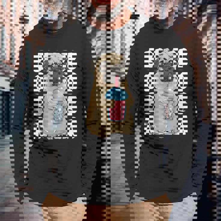 パグ 犬 カワイイ ボバ バブル ミルク ティー タピオカパール かわいい 長袖Tシャツ 高齢者への贈り物