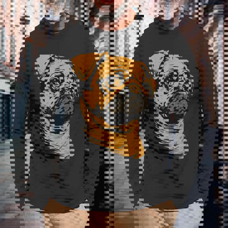 パグ 犬 デザイン ベージュ 犬 ラブ カーリン かわいい パグ 長袖Tシャツ 高齢者への贈り物