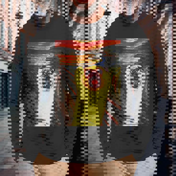 パグ 面白いtシャツ 犬 ムンクの叫び かわいい メンズ 子供 おもしろ 服 グッズ ネタ わんこ イヌ 長袖Tシャツ 高齢者への贈り物