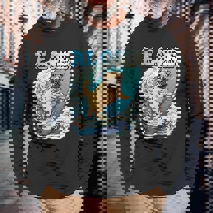 パグサーフィン アロハ サーフボード&ウェーブ 長袖Tシャツ 高齢者への贈り物