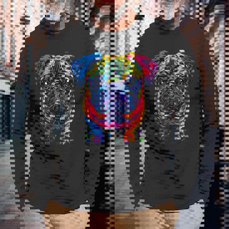 パグ犬 カラフルカラー ポップアート レインボー カーリン キュート パグ 長袖Tシャツ 高齢者への贈り物