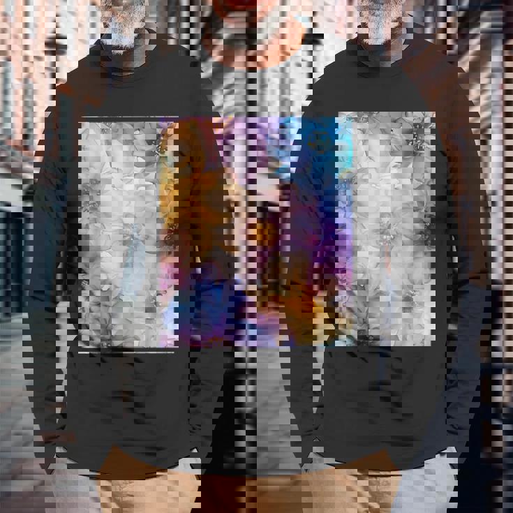 パステルインクのイラストにマルチカラー春の花。 長袖Tシャツ 高齢者への贈り物