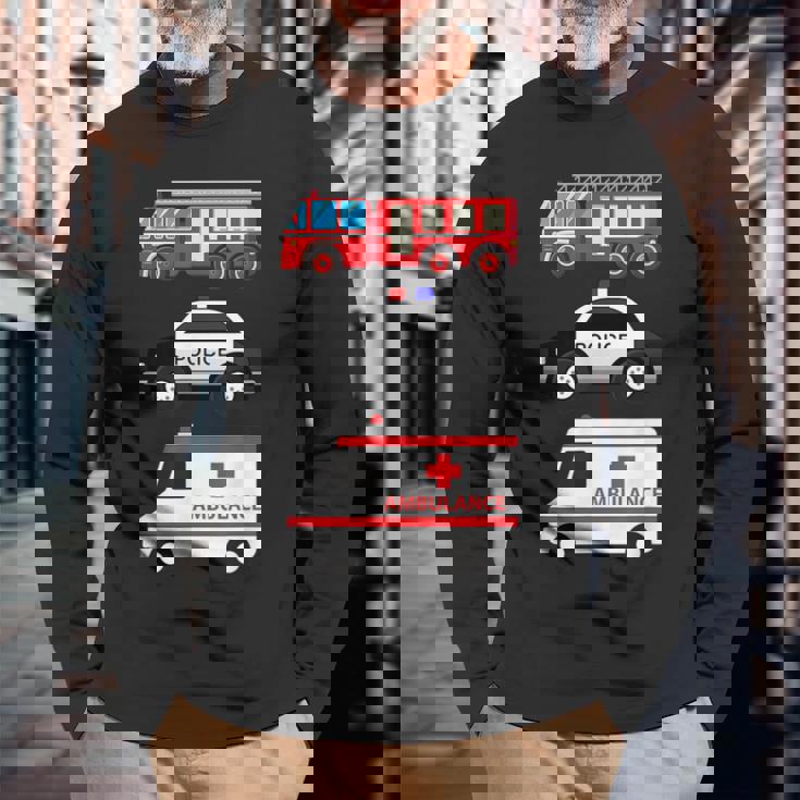 パトカー 消防車 救急車 ファーストレスポンダーデザイン 長袖Tシャツ 高齢者への贈り物