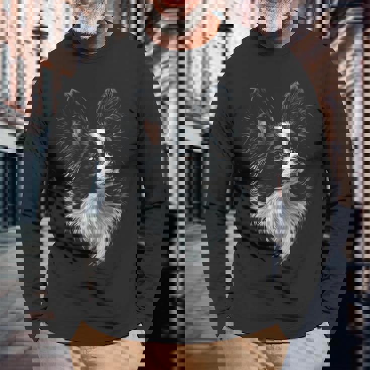 パピヨン 犬 モチーフ ペット アート パピヨン 長袖Tシャツ 高齢者への贈り物