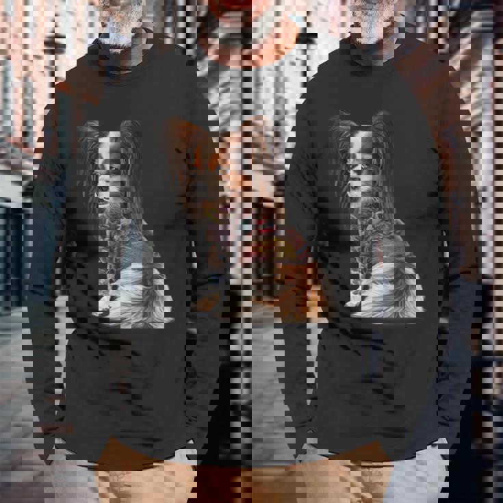 パピヨン犬 日本の伝統的なドラゴンタトゥー イレズミ 長袖Tシャツ 高齢者への贈り物