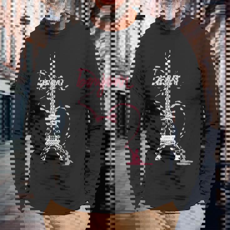 パリフランス エッフェル塔 ボンジュール 体操リボンとリボン 長袖Tシャツ 高齢者への贈り物