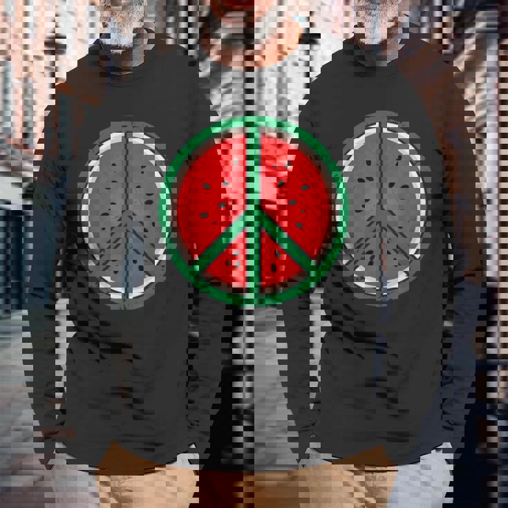 パレスチナシャツ スイカ ピースサイン パレスチナ国旗 長袖Tシャツ 高齢者への贈り物
