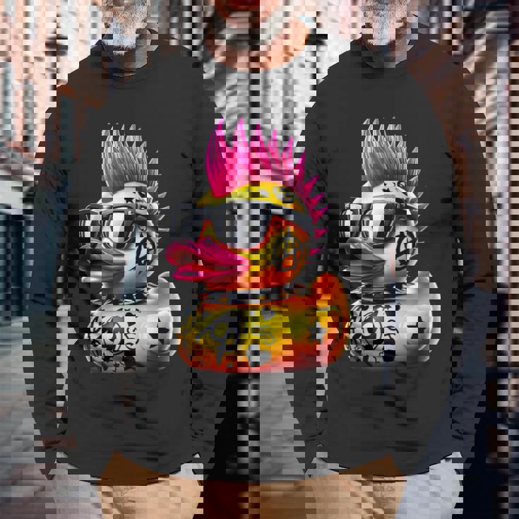 パンク アヒル アヒルの子 パンクロック 面白い 動物好き 長袖Tシャツ 高齢者への贈り物