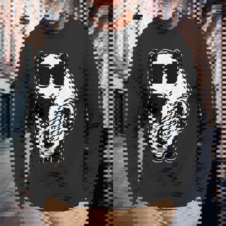 パンダとチューバ楽器チューブ 長袖Tシャツ 高齢者への贈り物