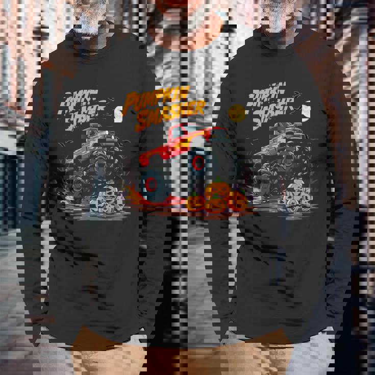 パンプキンスマッシャー モンスタートラック ハロウィン ジャック・オー・ランタン 長袖Tシャツ 高齢者への贈り物