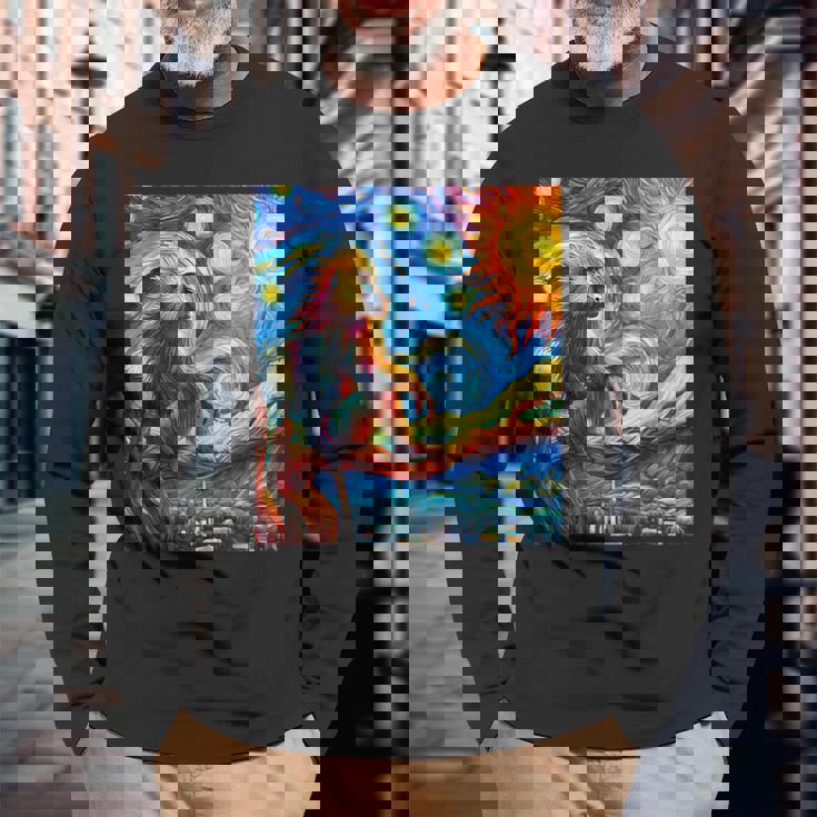 ヒヒ猿 星月夜 絵画 長袖Tシャツ 高齢者への贈り物