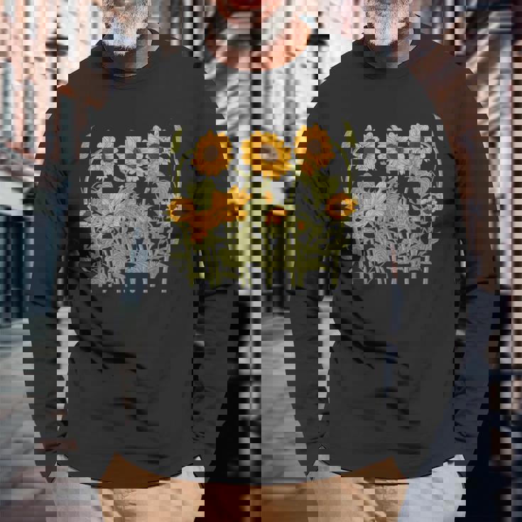 ヒマワリ 野花 ヴィンテージ ボタニカル 植物 ガーデニング 長袖Tシャツ 高齢者への贈り物