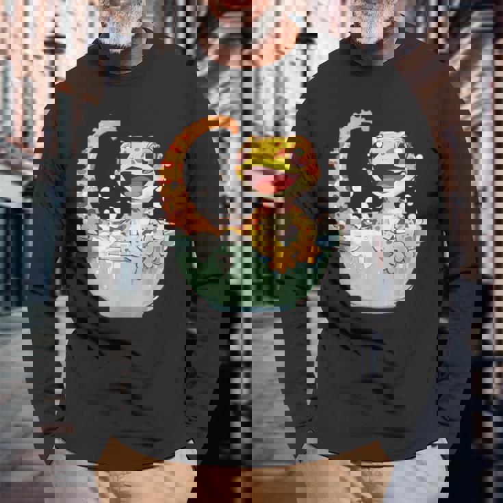 ヒョウモントカゲモドキ シャワー かわいい 野生動物 トカゲ 長袖Tシャツ 高齢者への贈り物