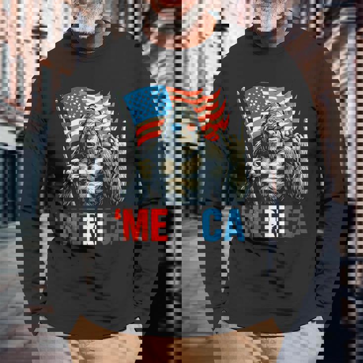 ビッグフット メリカ ロック アメリカ国旗 愛国的 7月4日 長袖Tシャツ 高齢者への贈り物
