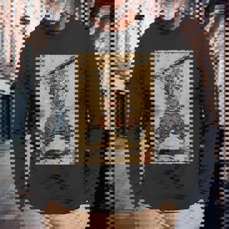 ビンテージアニメ 日本美術 野球選手の侍猫 長袖tシャツ 長袖Tシャツ 高齢者への贈り物