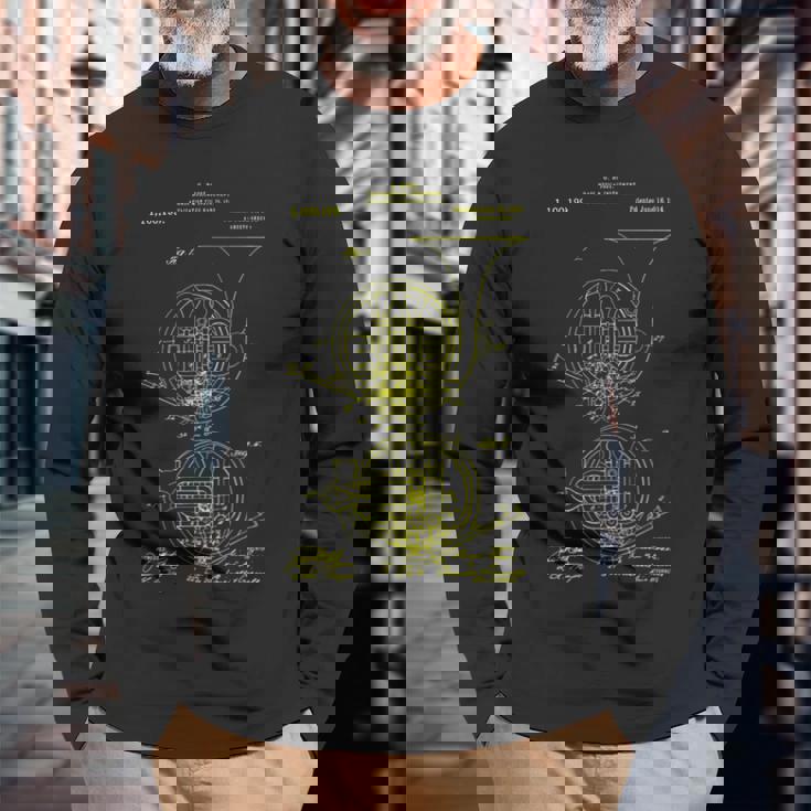 ビンテージ特許プリント 1914 フレンチホルン奏者 長袖Tシャツ 高齢者への贈り物