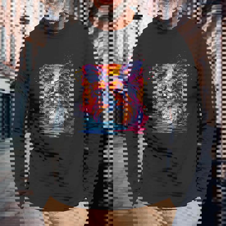 ビーチ・ポップアート クールなパピヨン 長袖Tシャツ 高齢者への贈り物