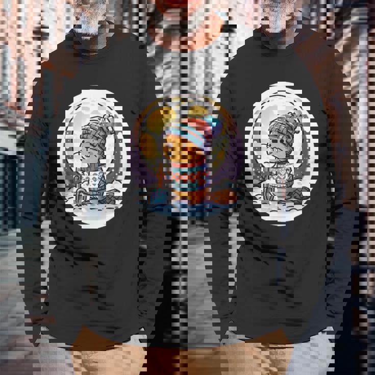 ビーバームーン 冬のワンダーランドのかわいいビーバー 長袖Tシャツ 高齢者への贈り物