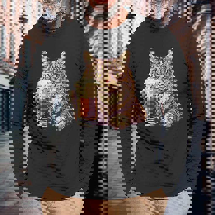 ビールジョッキ かわいい猫 長袖Tシャツ 高齢者への贈り物