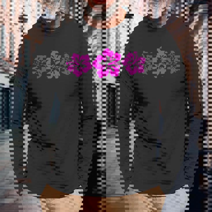 ピンク ハイビスカス フラワー ハワイアン 長袖Tシャツ 高齢者への贈り物