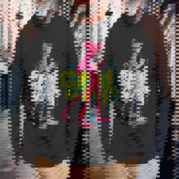 ピンクパンサー クールな猫 グラフィティ チョークアート 長袖Tシャツ 高齢者への贈り物