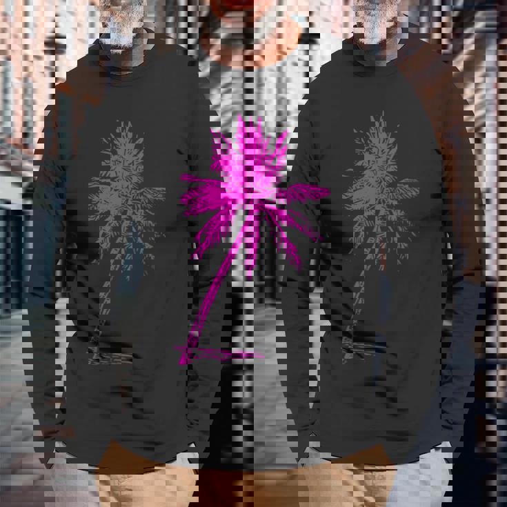 ピンクパームビーチウェア サーフィンレトロ パームツリー 長袖Tシャツ 高齢者への贈り物