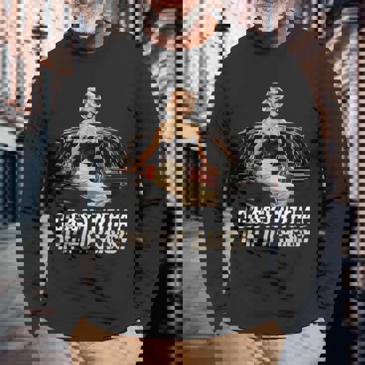 ピンナップガール クラシック オールドカー クラッシー ピンナップ生意気付き 長袖Tシャツ 高齢者への贈り物