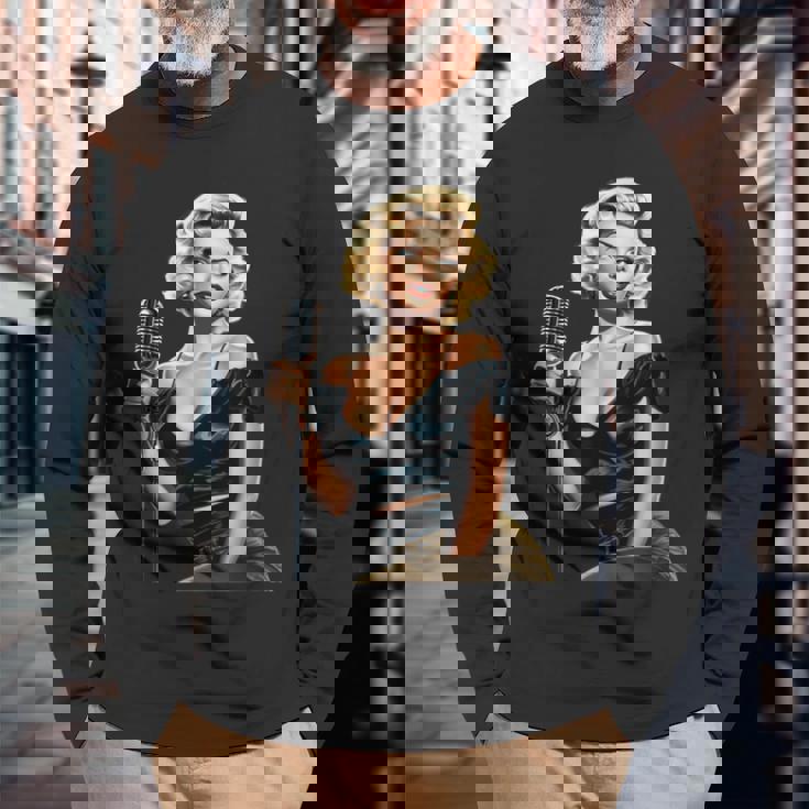 ピンナップガール ビンテージマイク 歌う オールドスクール 長袖Tシャツ 高齢者への贈り物