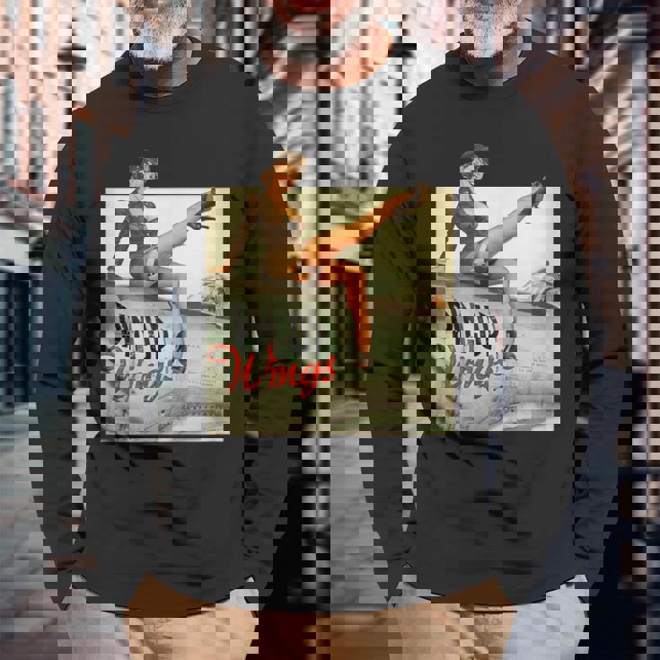 ピンナップガールの羽ビンテージポスターww2 長袖Tシャツ 高齢者への贈り物