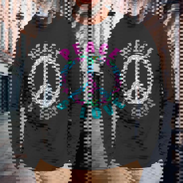 ピースアンドラブカラフルヒッピーシンボル 長袖Tシャツ 高齢者への贈り物