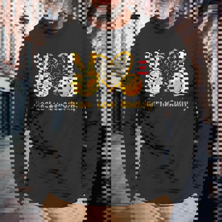 ピース・ラブ・ボウリング 長袖Tシャツ 高齢者への贈り物