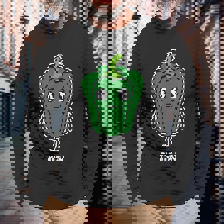 ピーマン 顔 イラスト かわいい おもしろ 面白い 簡単 シンプル ゆるい 野菜 長袖Tシャツ 高齢者への贈り物