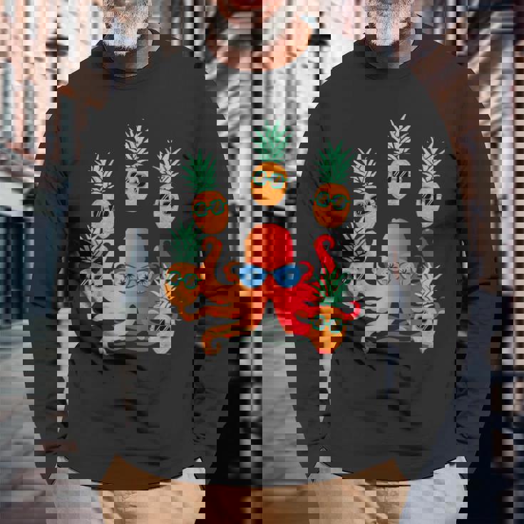 ファニー クール オレンジ タコ ジャグリング パイナップル 長袖Tシャツ 高齢者への贈り物