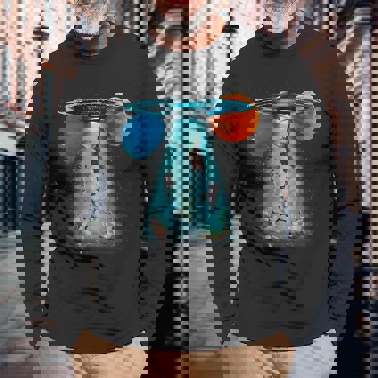 ファニースペースキャット Ufo 宇宙人 空飛ぶ猫 ギャラクシープラネット グラフィック 長袖Tシャツ 高齢者への贈り物