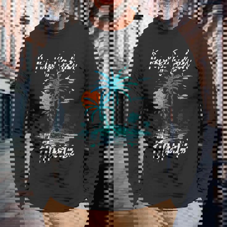 ファミリーバケーション レトロ サンセット ハワイ ポイプー ビーチ 長袖Tシャツ 高齢者への贈り物