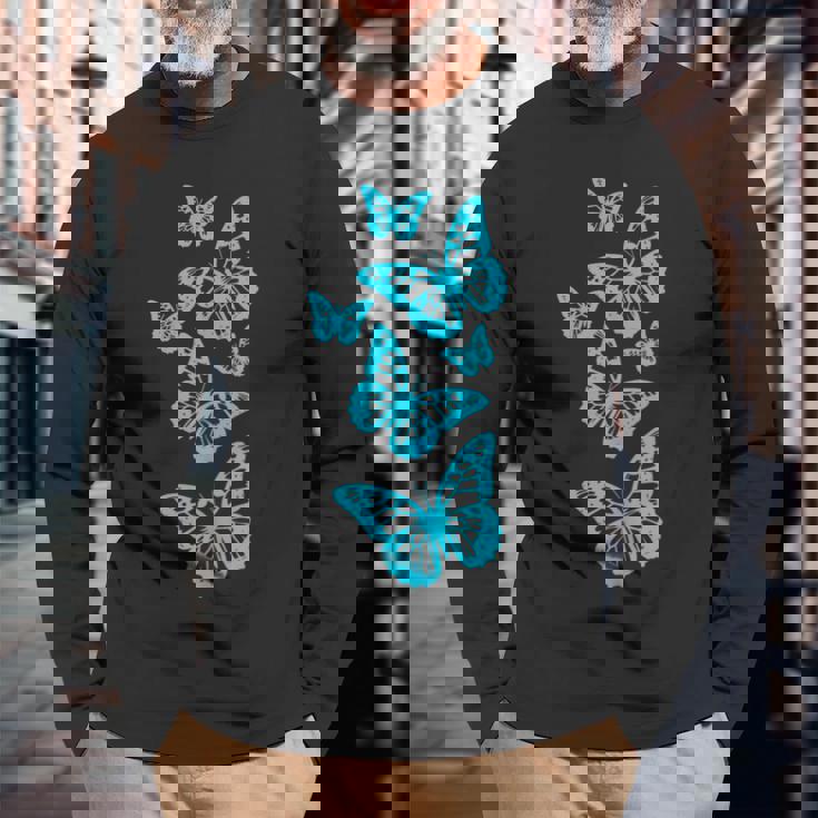 ファンタジー エレガント 蝶 ブルー ブラック シェイプ マニア 長袖Tシャツ 高齢者への贈り物